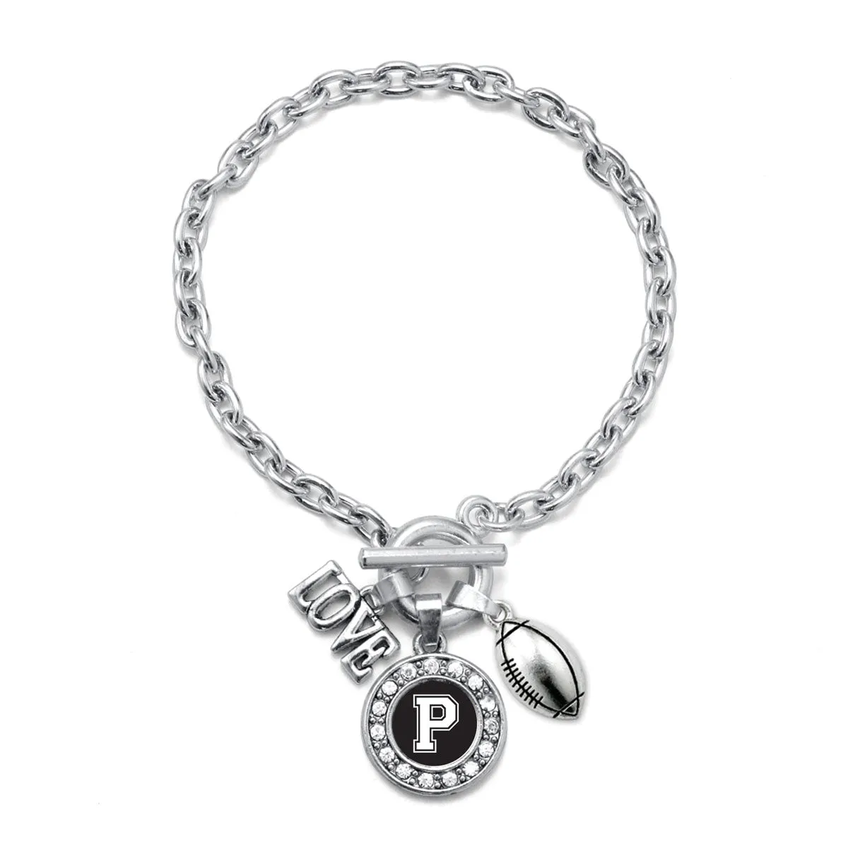 Silver Football - Sports Initial P Circle Charm Toggle Bracelet