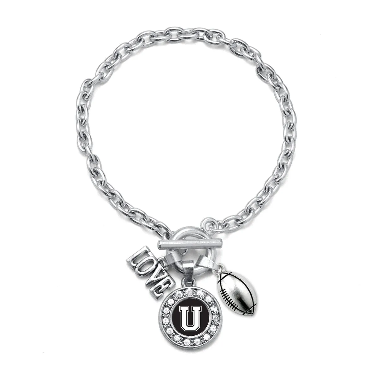 Silver Football - Sports Initial U Circle Charm Toggle Bracelet