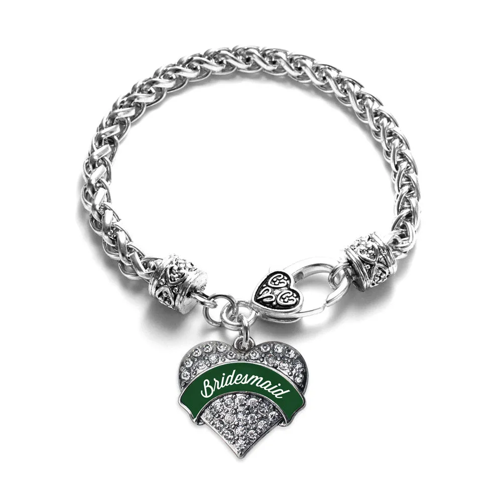 Silver Forest Green Bridesmaid Pave Heart Charm Braided Bracelet