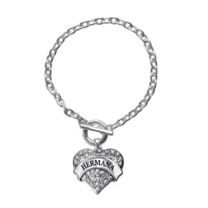 Silver Hermana - Sister in Spanish Pave Heart Charm Toggle Bracelet