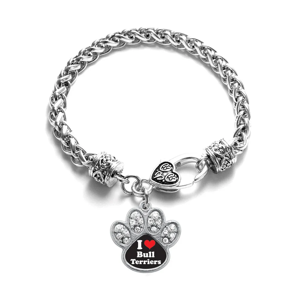 Silver I Love Bull Terriers Pave Paw Charm Braided Bracelet