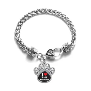 Silver I Love Bull Terriers Pave Paw Charm Braided Bracelet