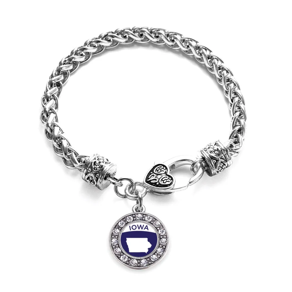 Silver Iowa Outline Circle Charm Braided Bracelet