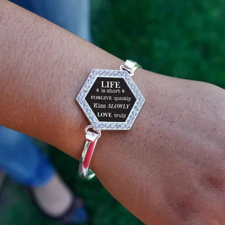 Silver Life Is Short Hexagon Charm Bangle Bracelet