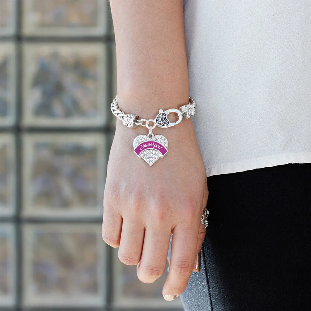 Silver Magenta Flower Girl Pave Heart Charm Braided Bracelet