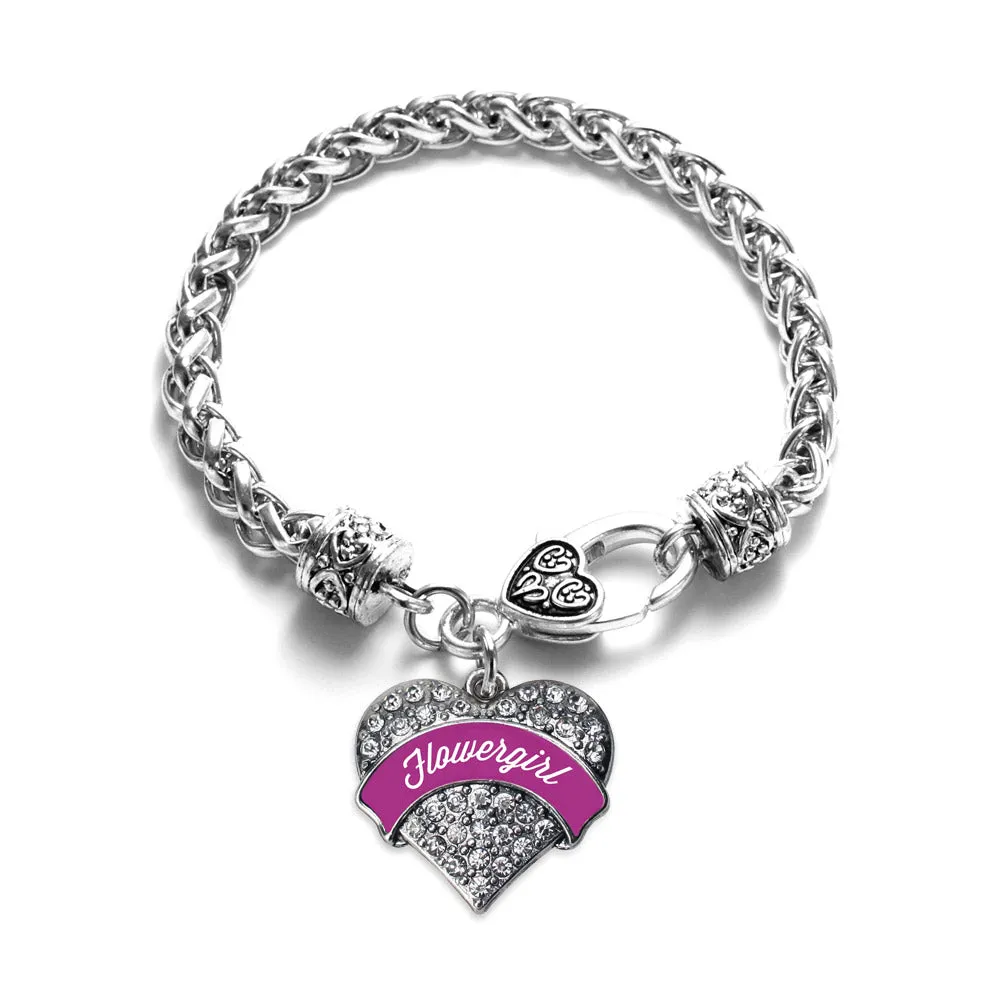 Silver Magenta Flower Girl Pave Heart Charm Braided Bracelet