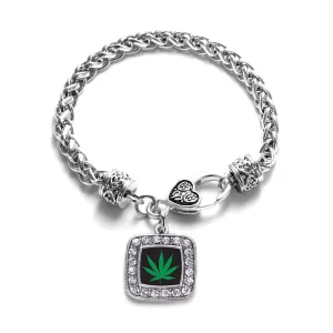 Silver Marijuana Leaf Square Charm Braided Bracelet