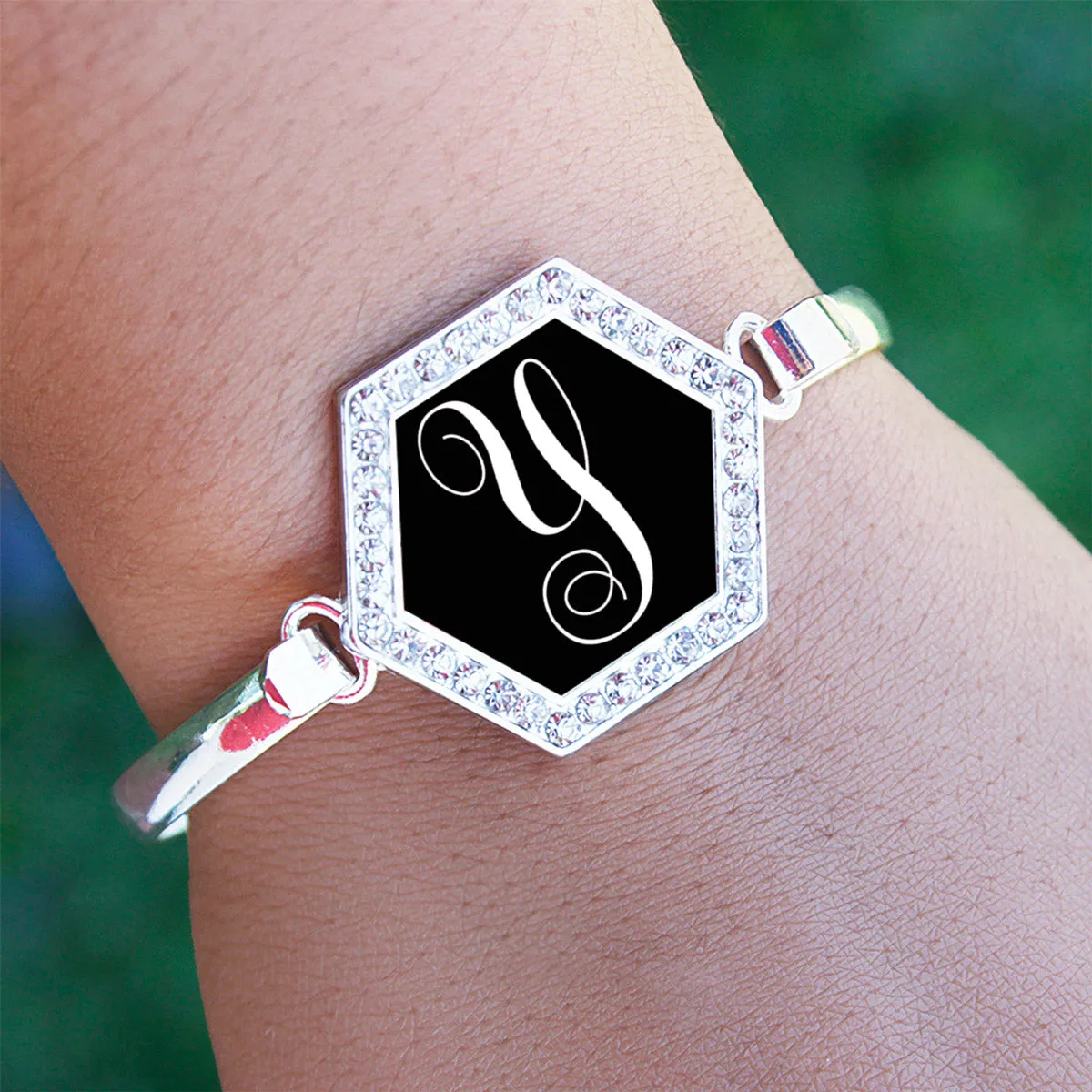 Silver Monogram - Y Hexagon Charm Bangle Bracelet