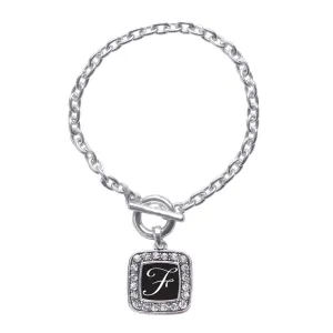 Silver My Script Initials - Letter F Square Charm Toggle Bracelet