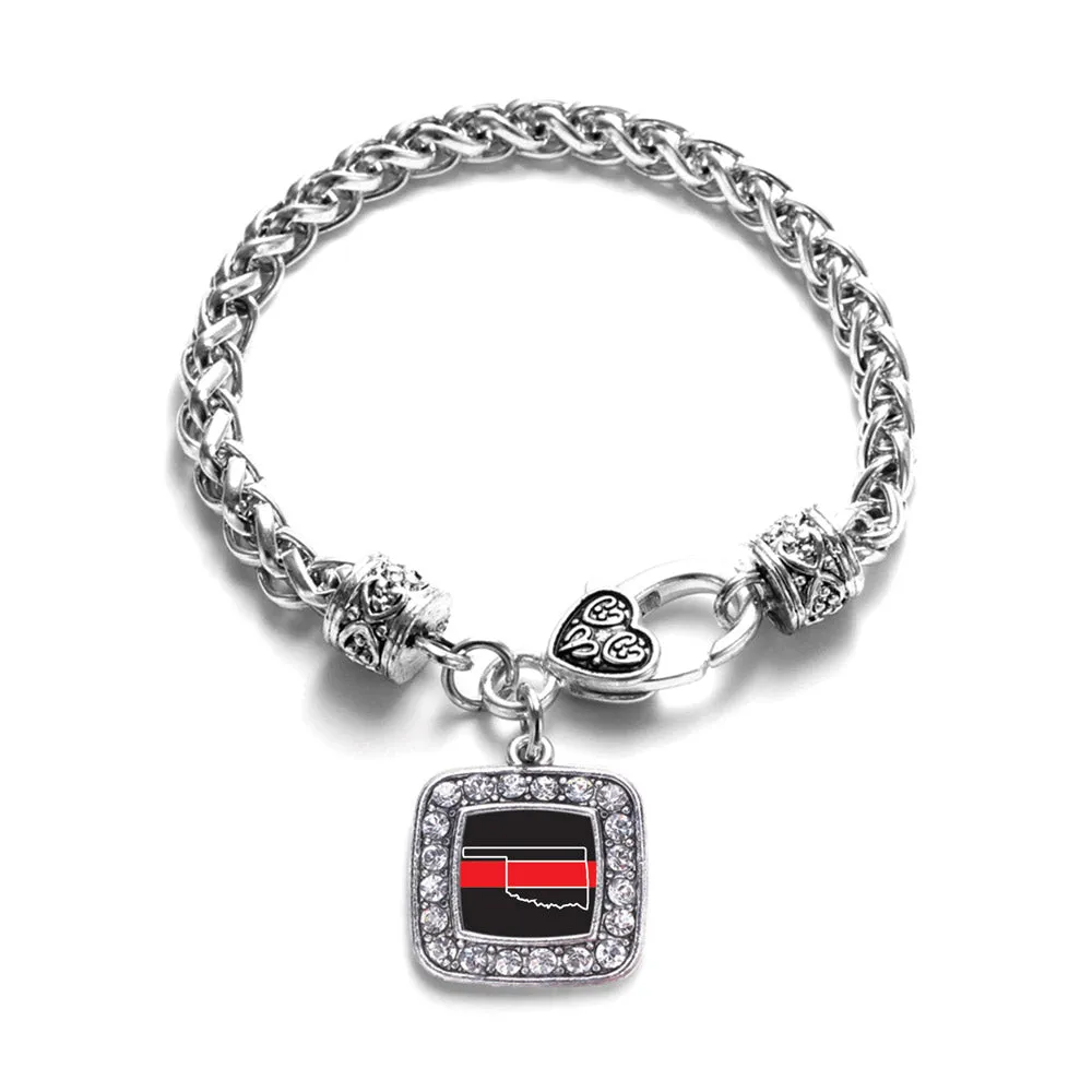 Silver Oklahoma Thin Red Line Square Charm Braided Bracelet