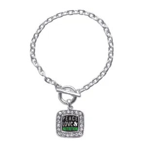 Silver Peace, Love, and Nutrition Square Charm Toggle Bracelet