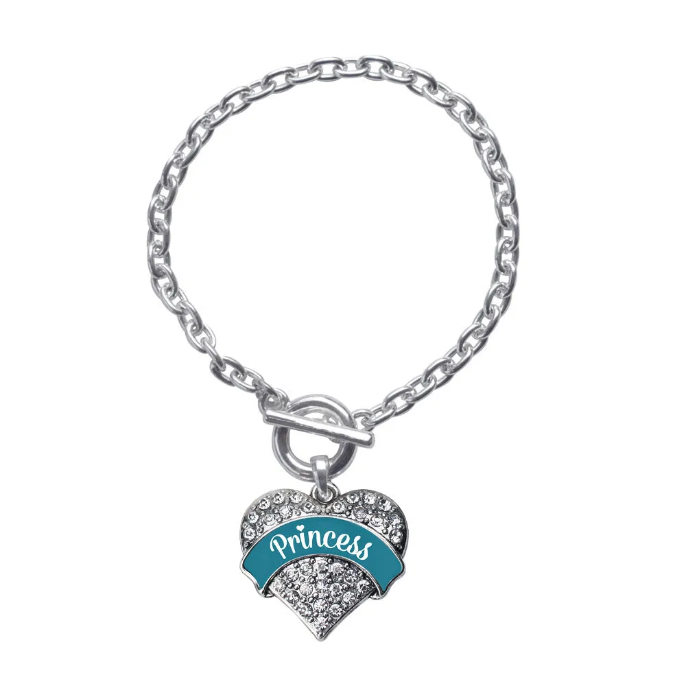 Silver Princess - Dark Teal Pave Heart Charm Toggle Bracelet