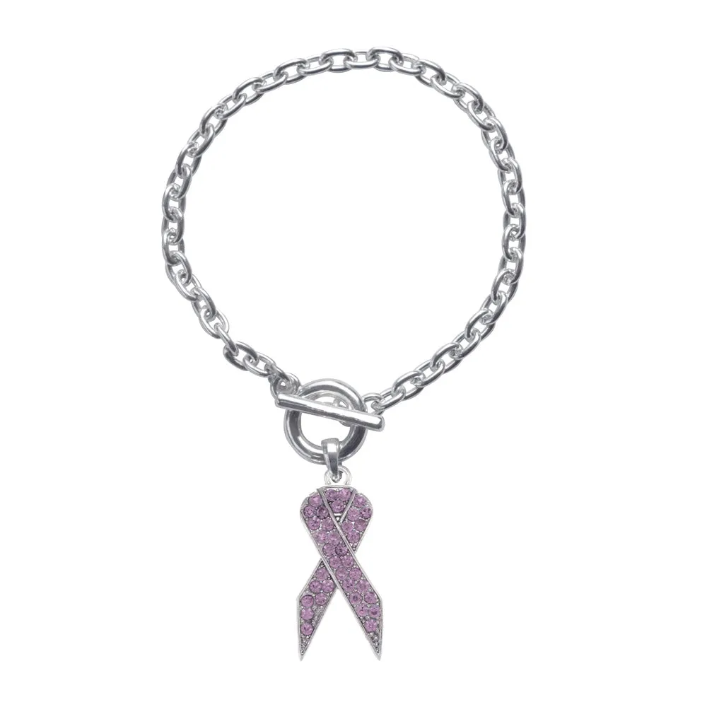 Silver Purple Ribbon Charm Toggle Bracelet