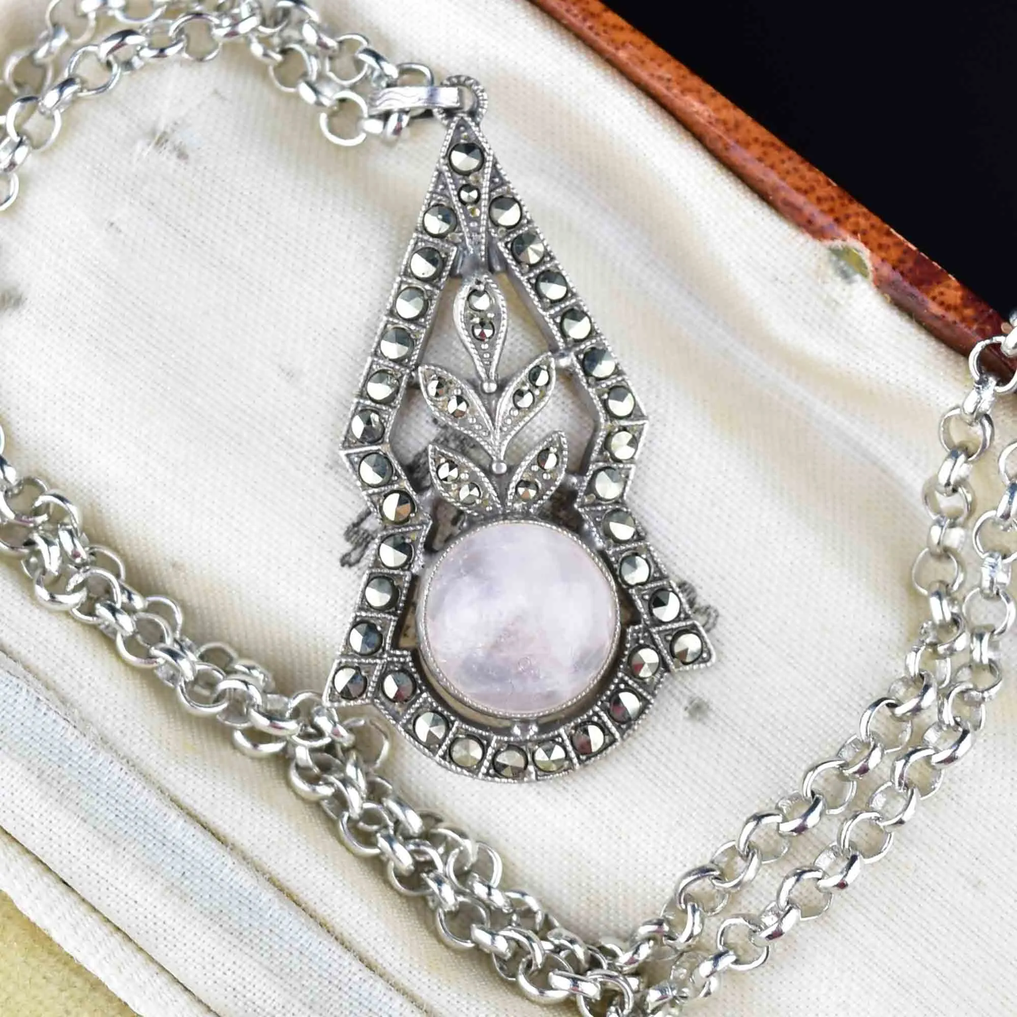 Silver Rose Quartz Marcasite Art Deco Pendant