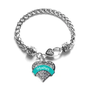 Silver Teal Mother Pave Heart Charm Braided Bracelet