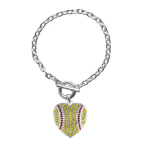 Silver Tennis or Softball Heart Charm Toggle Bracelet