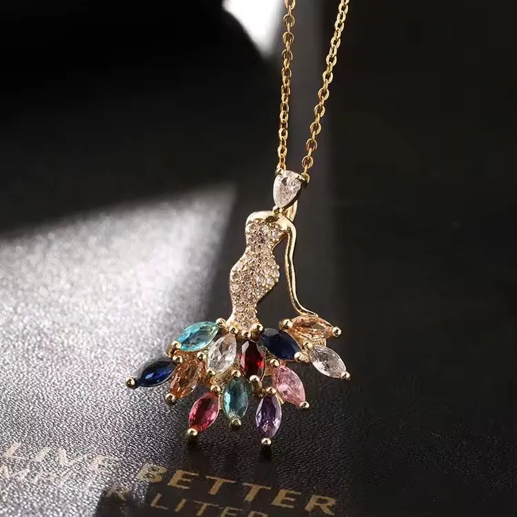 SISSLIA New Fashion Colored Zircon Copper Gold Plated Hip Hop Pendant Statement Necklace Dancing Girl Angel