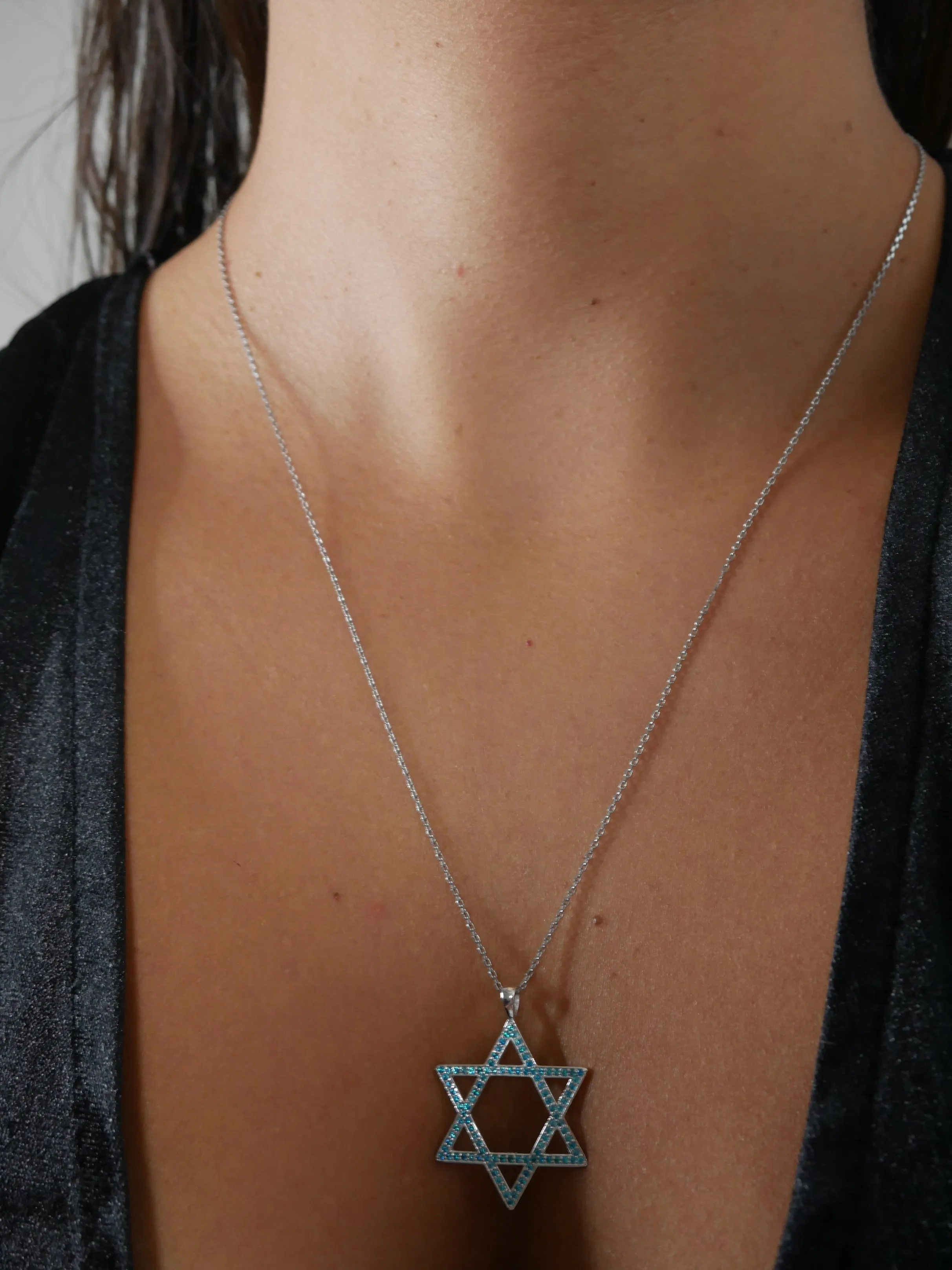 Star of David Pendant Necklace  .925 Sterling Silver Zircon Statement Necklaces