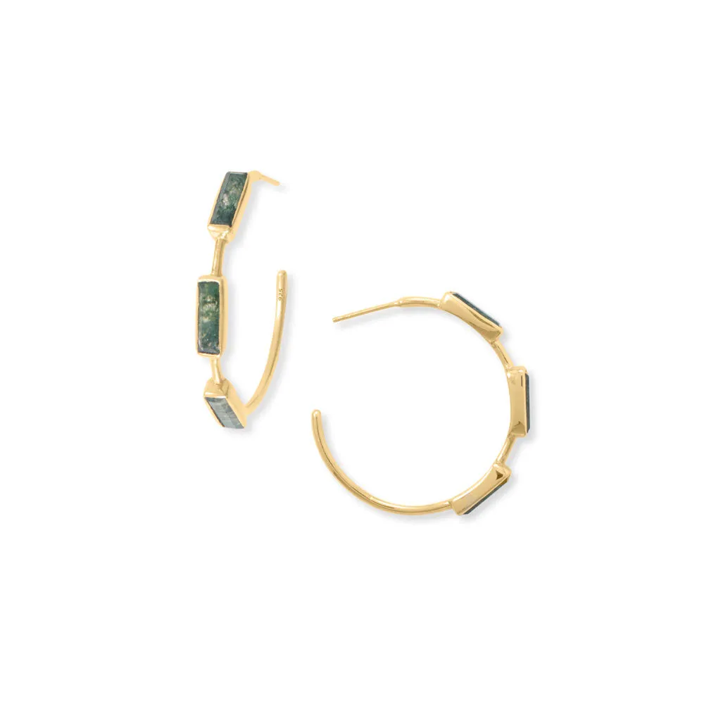 Sterling Silver Gold Plated Moss Agate Hoop Earrings