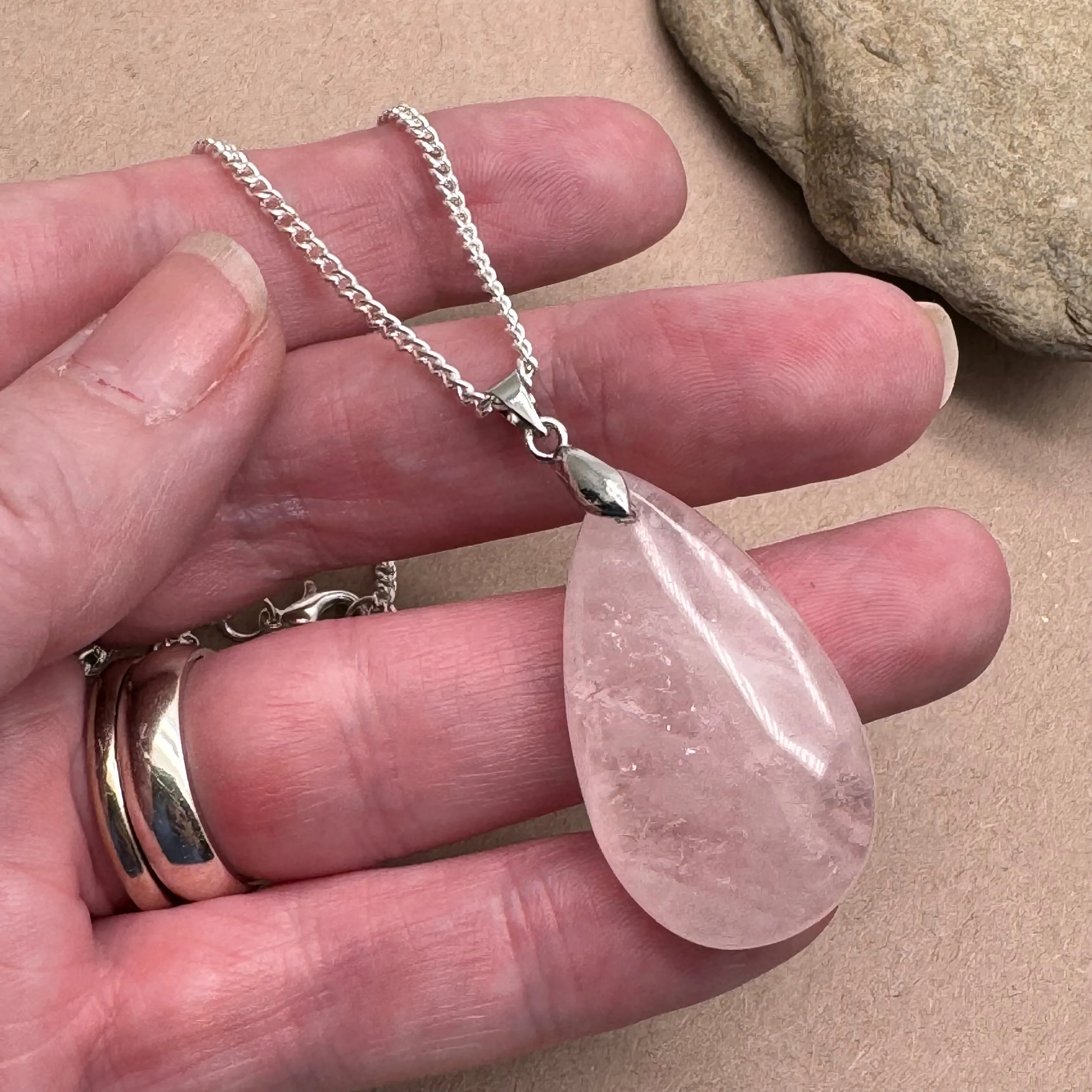 Tear Drop Rose Quartz Pendant Necklace