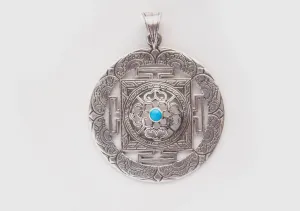 Turquoise Inlaid Fine Craft Silver Sterling 925 Mandala Pendant