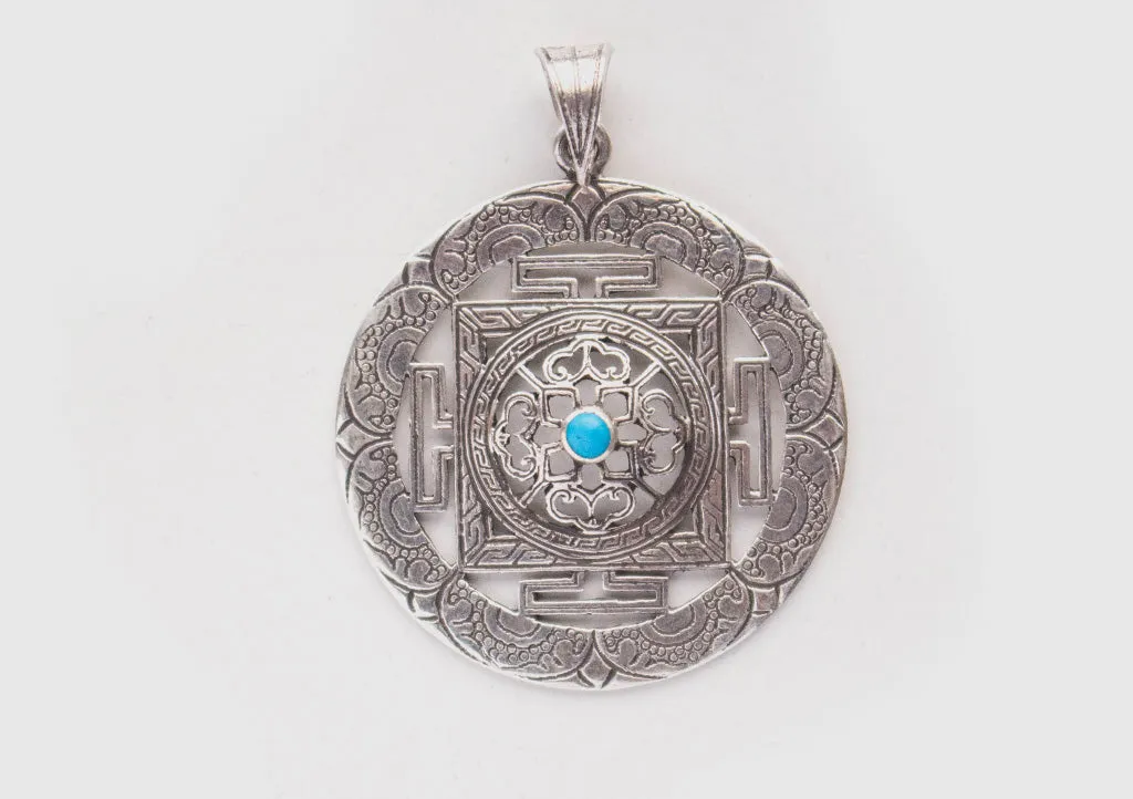 Turquoise Inlaid Fine Craft Silver Sterling 925 Mandala Pendant