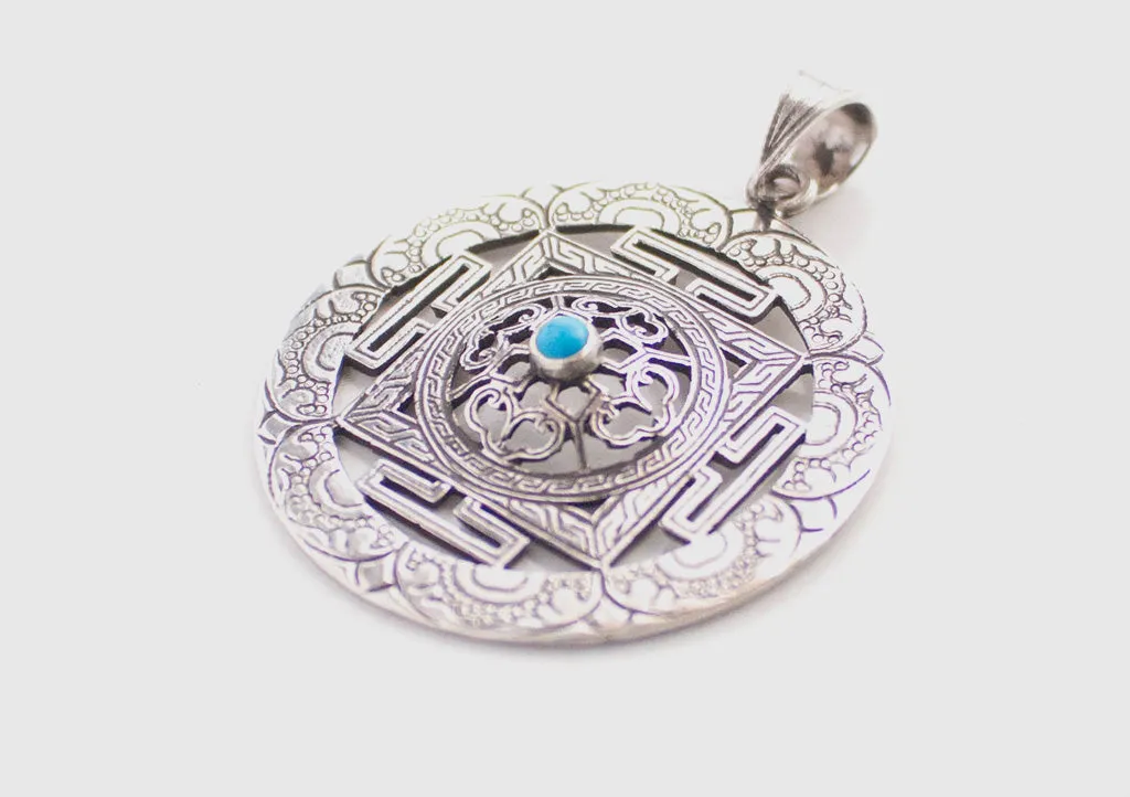 Turquoise Inlaid Fine Craft Silver Sterling 925 Mandala Pendant