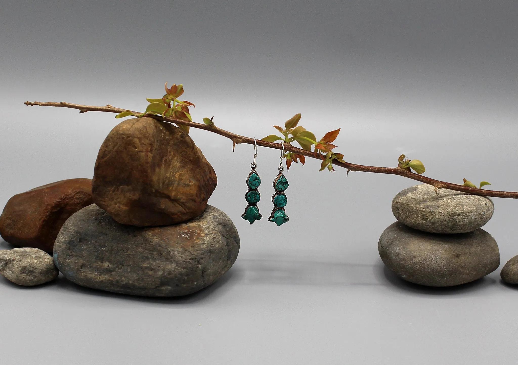 Turquoise Three Stone Inlaid Sterling Silver Drop Earrings