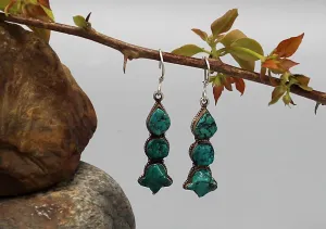 Turquoise Three Stone Inlaid Sterling Silver Drop Earrings