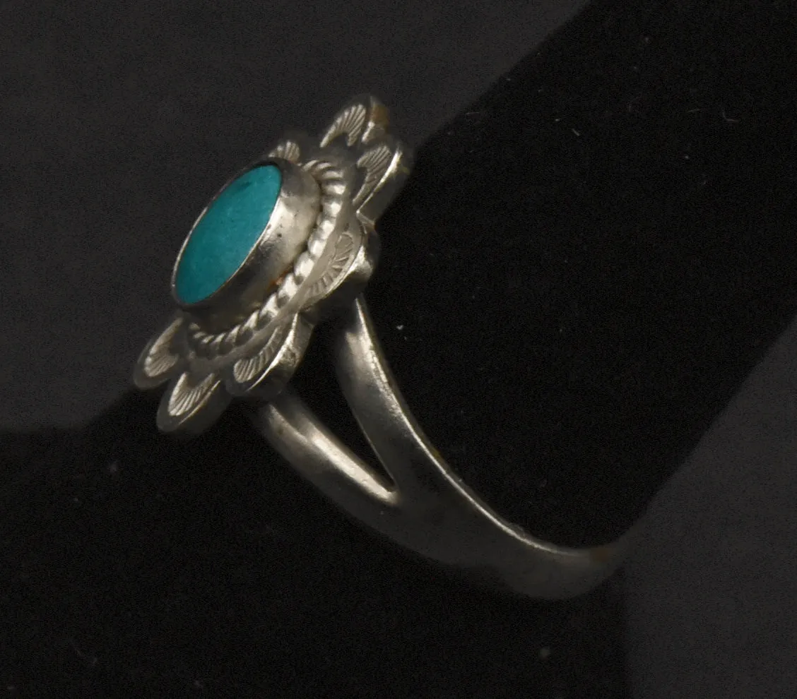 Vintage Handmade Silver Tone Metal Inlaid Turquoise Ring - Size 6.25