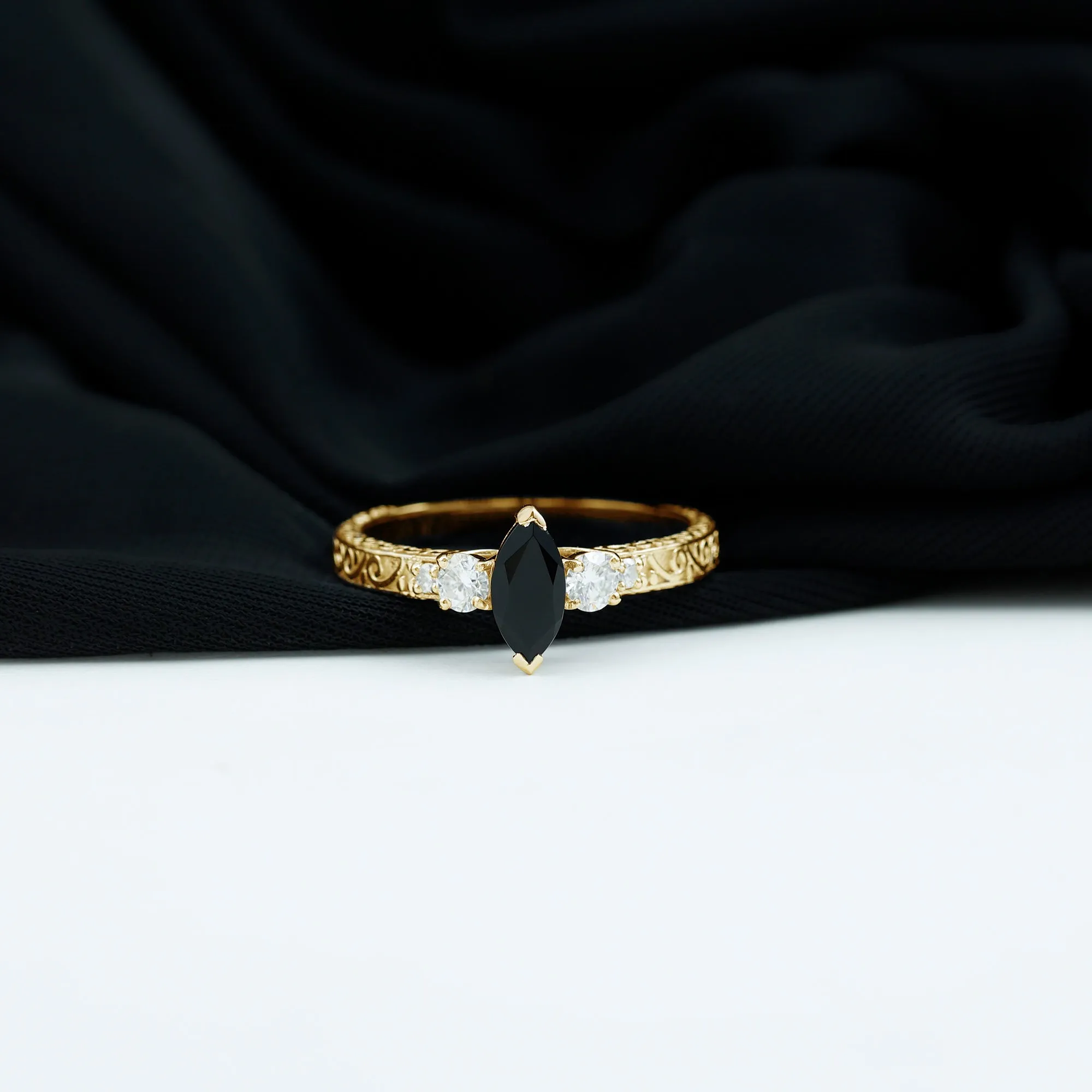 Vintage Inspired Lab Grown Black Diamond Solitaire Ring with Moissanite