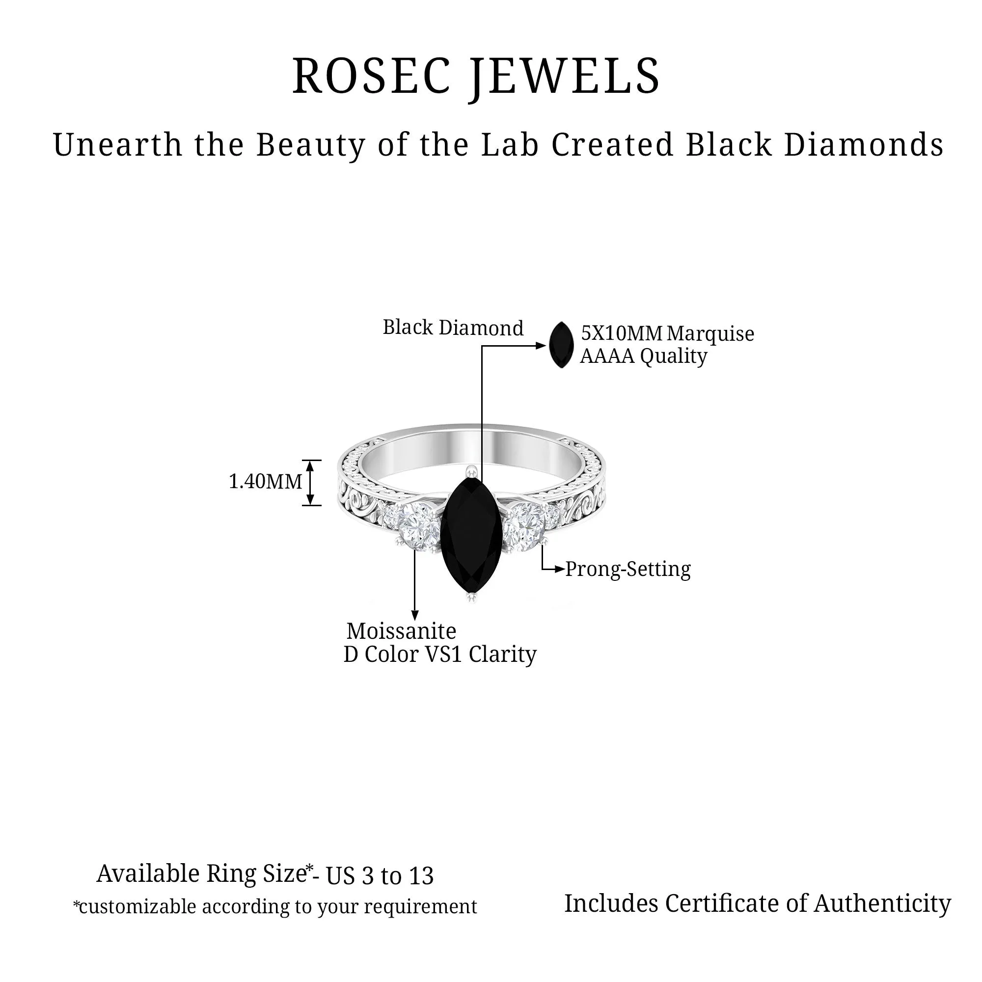 Vintage Inspired Lab Grown Black Diamond Solitaire Ring with Moissanite