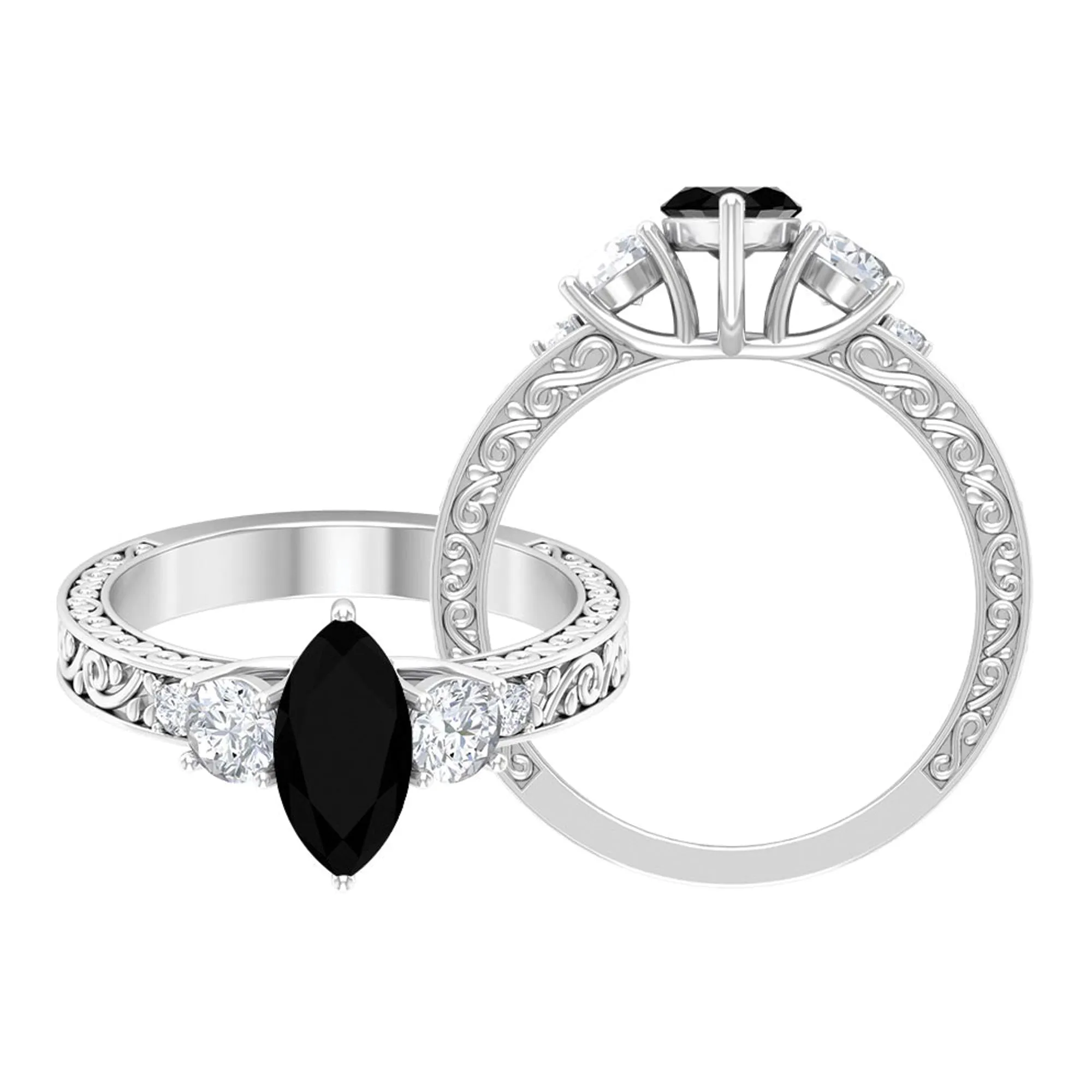 Vintage Inspired Lab Grown Black Diamond Solitaire Ring with Moissanite