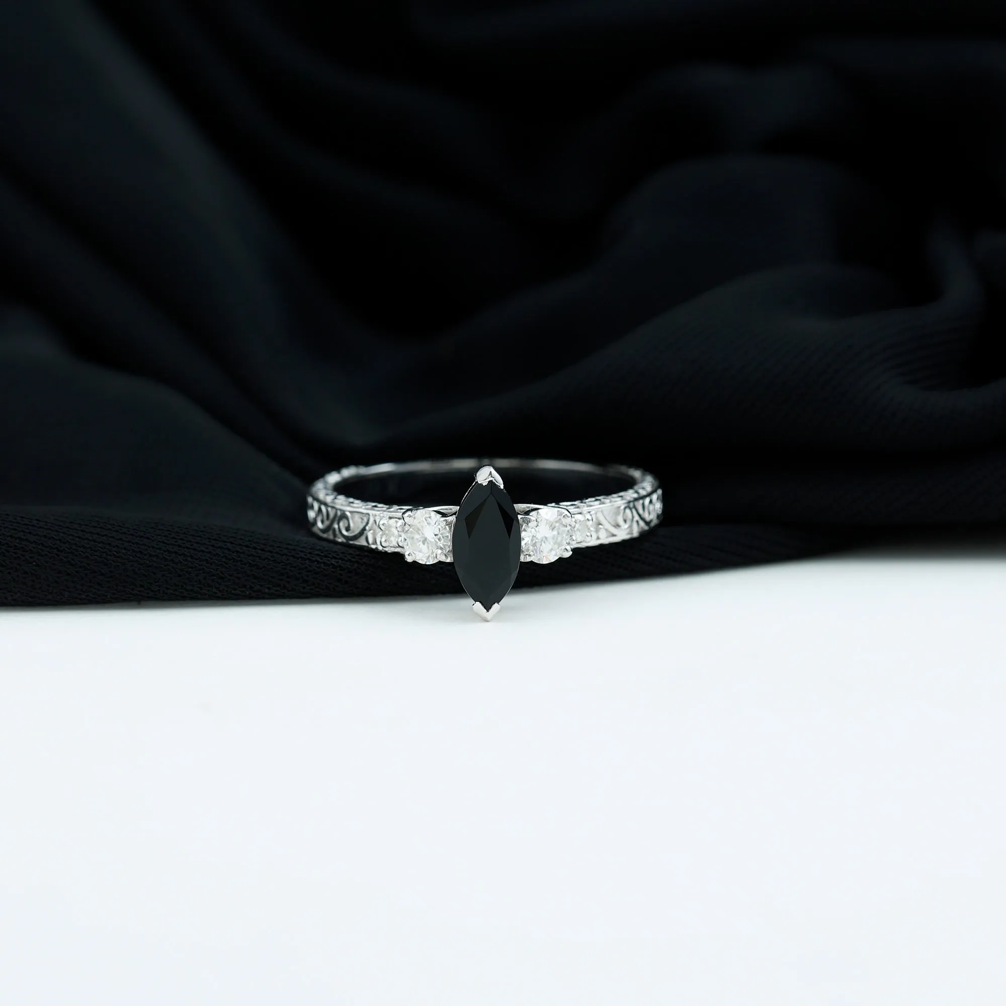 Vintage Inspired Lab Grown Black Diamond Solitaire Ring with Moissanite