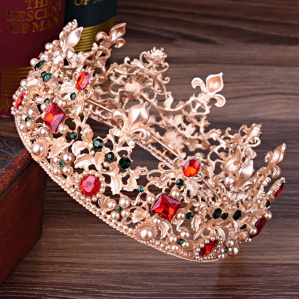 Wedding Retro Round Large Crown European Style Luxury Baroque Red Bridal Wedding Crown Earrings Set