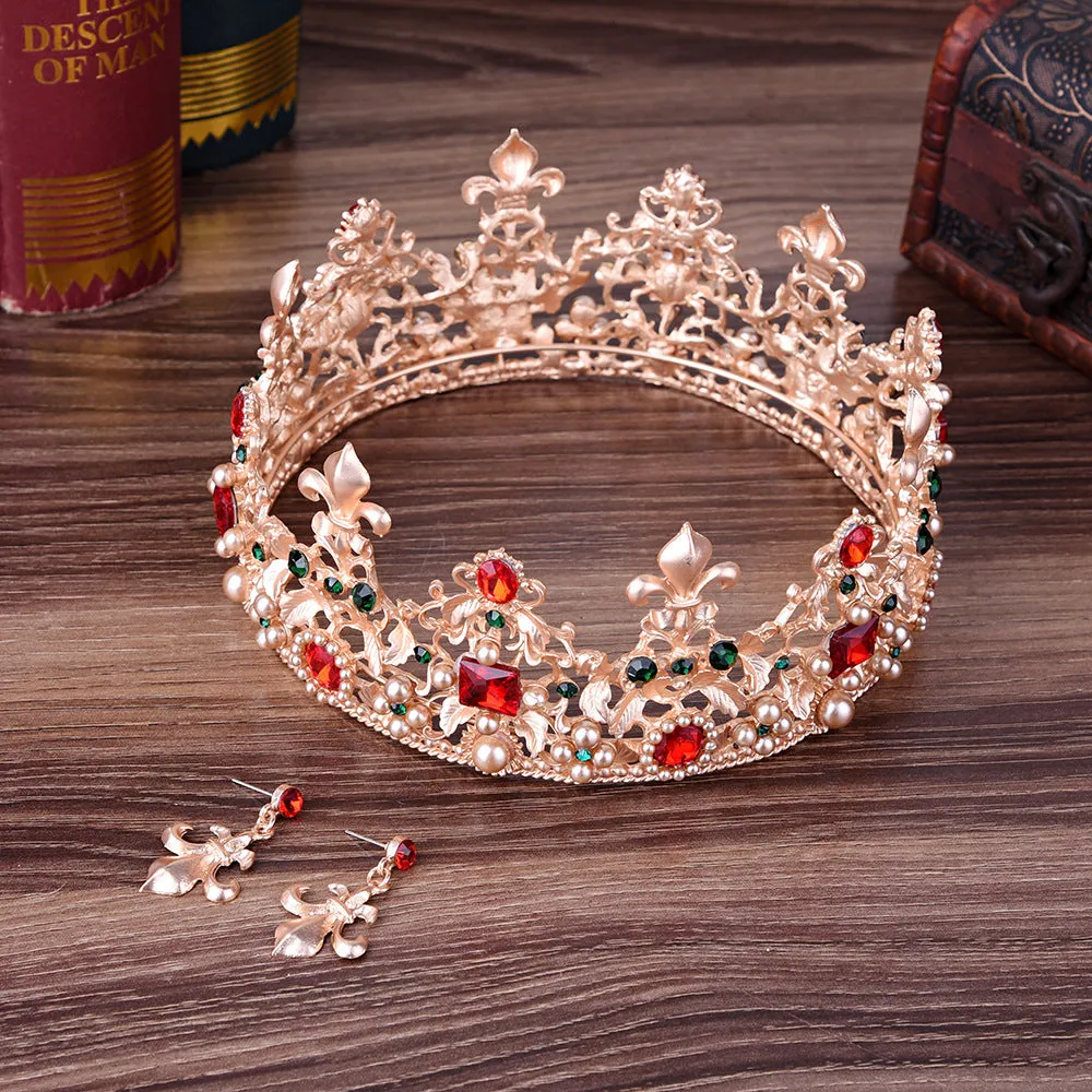 Wedding Retro Round Large Crown European Style Luxury Baroque Red Bridal Wedding Crown Earrings Set