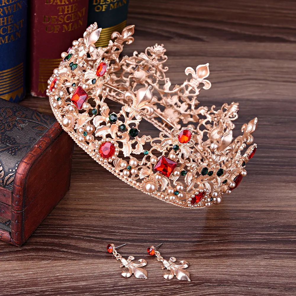 Wedding Retro Round Large Crown European Style Luxury Baroque Red Bridal Wedding Crown Earrings Set