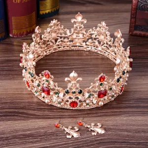 Wedding Retro Round Large Crown European Style Luxury Baroque Red Bridal Wedding Crown Earrings Set