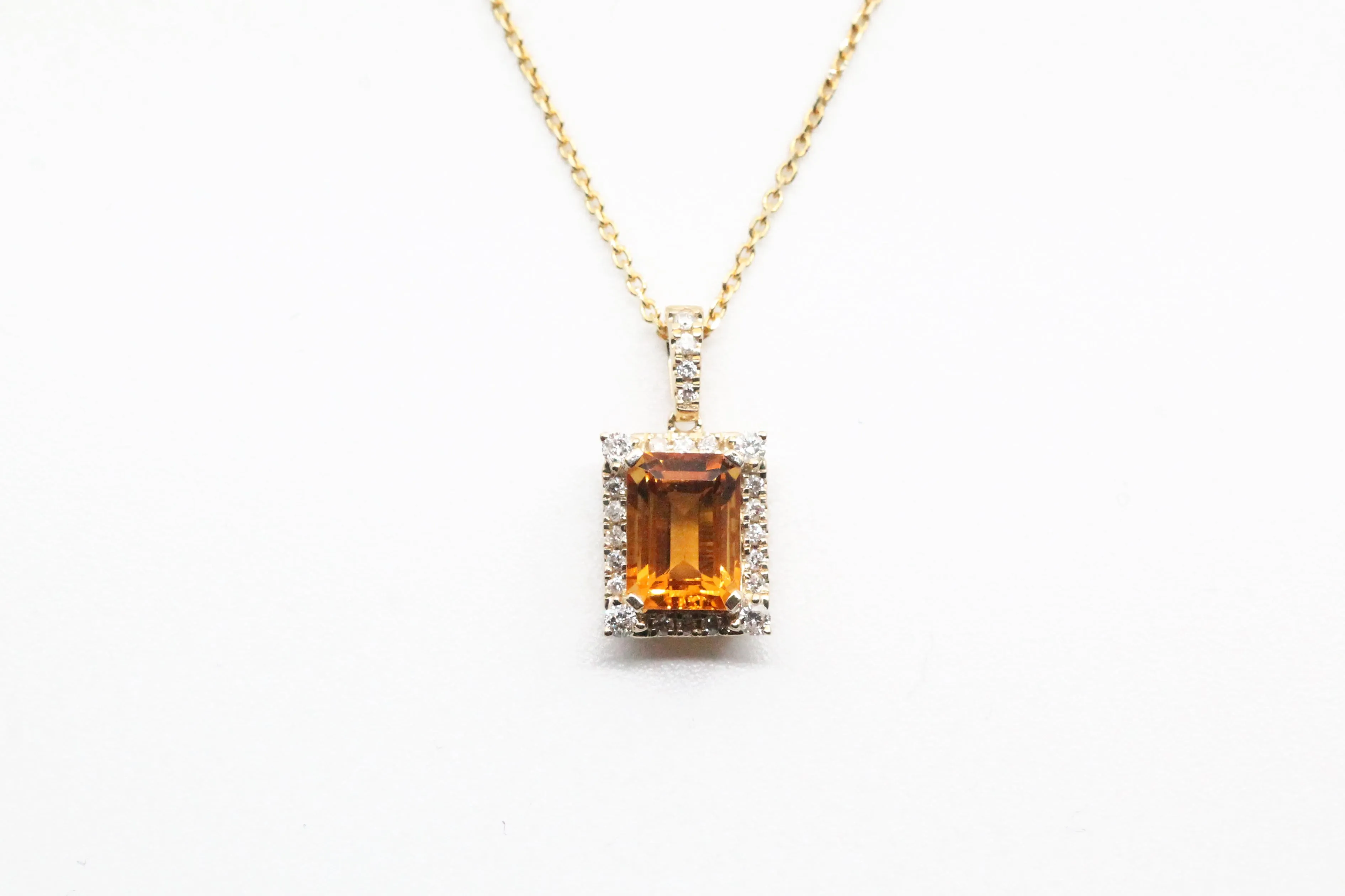 Yellow Gold Citrine with Diamond Halo Necklace