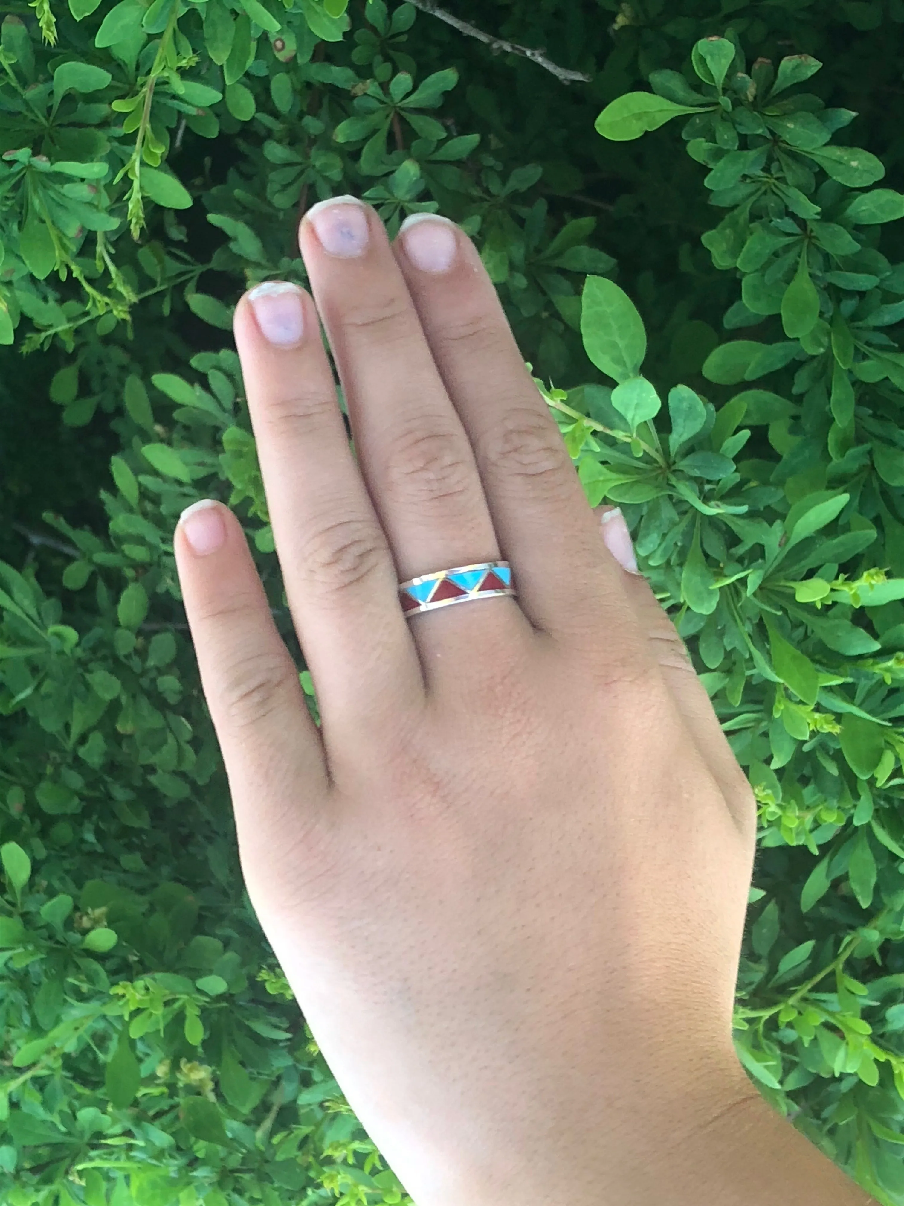 Zigzag Turquoise and Coral Navajo inlay ring