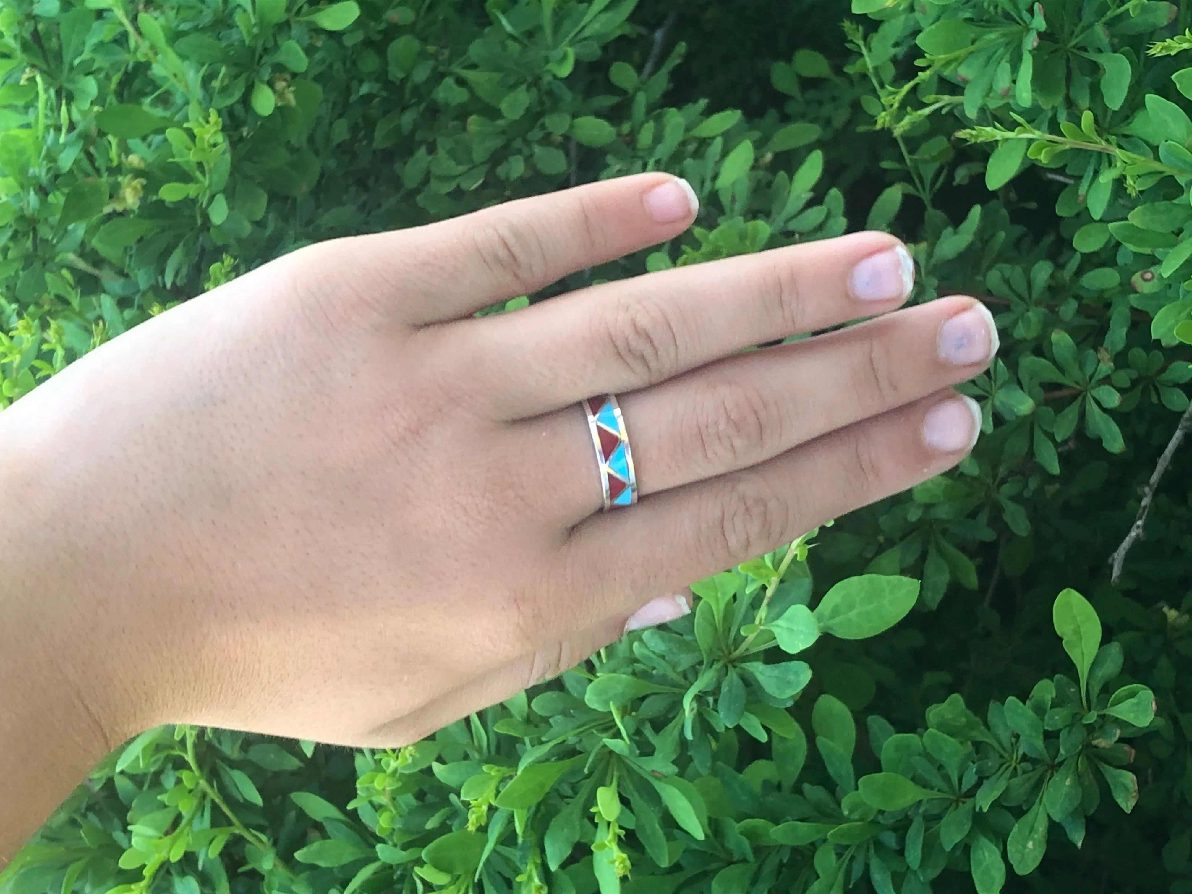 Zigzag Turquoise and Coral Navajo inlay ring