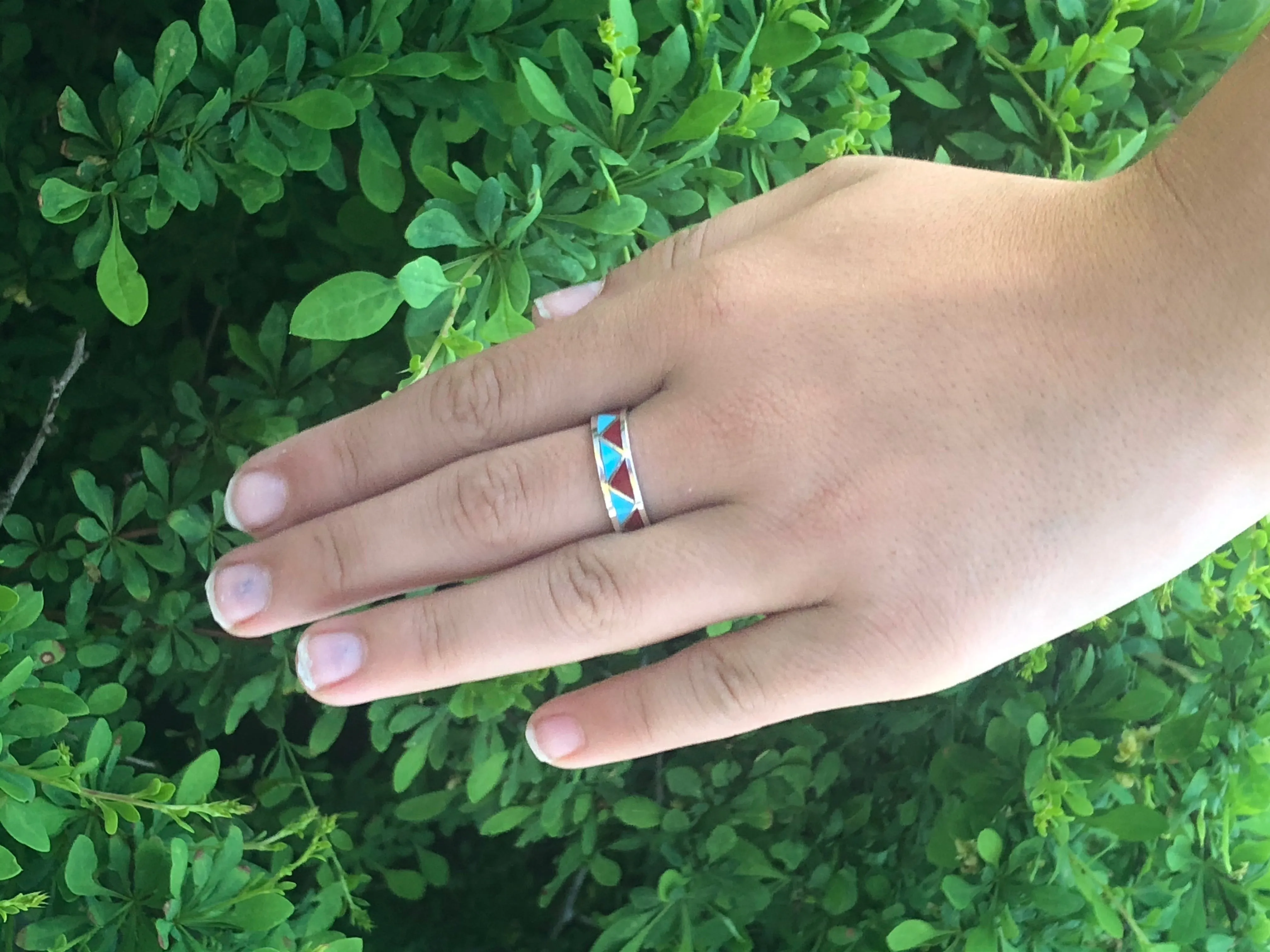 Zigzag Turquoise and Coral Navajo inlay ring