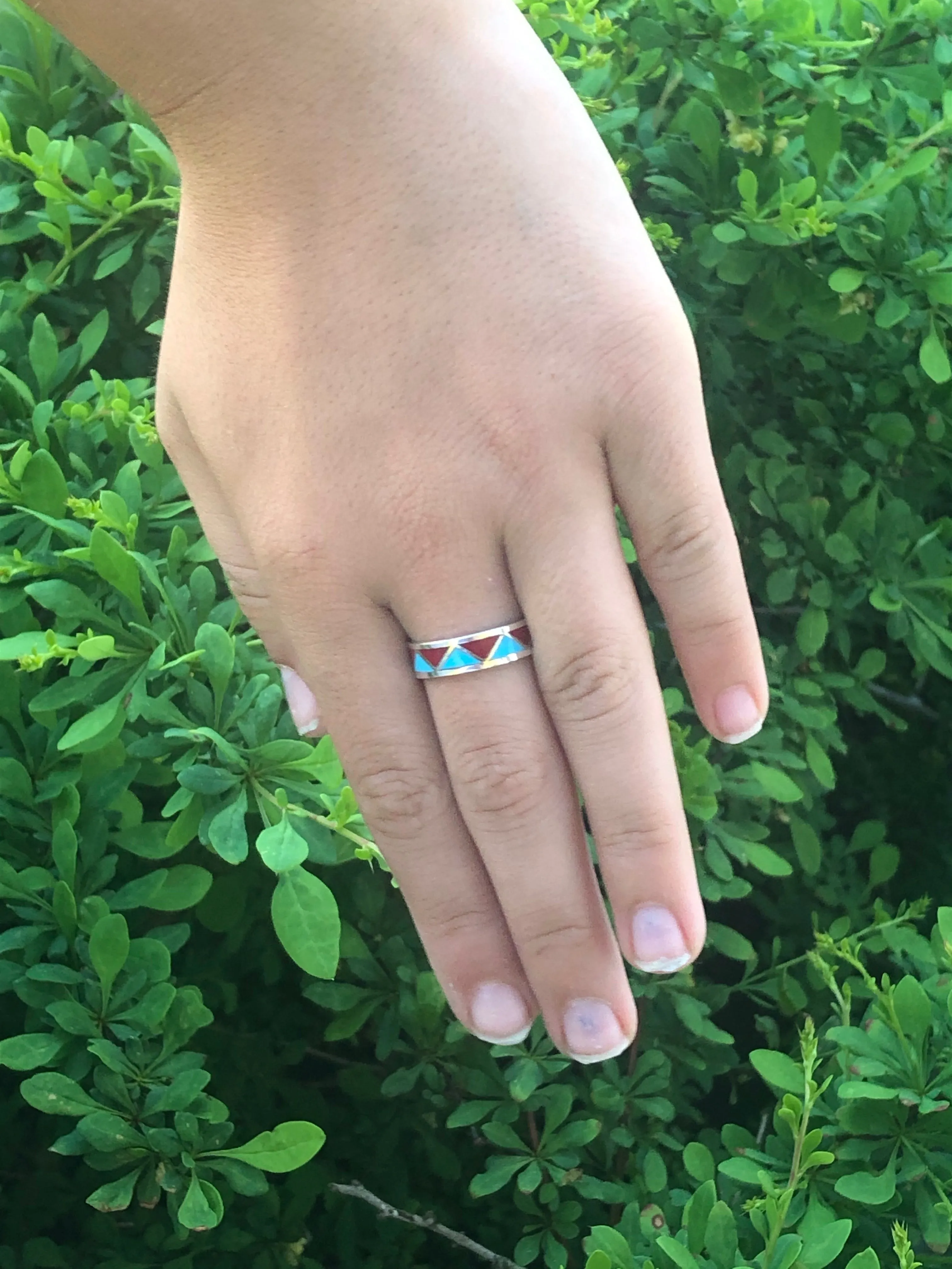 Zigzag Turquoise and Coral Navajo inlay ring